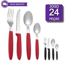 Jogo de Talheres 24 Peças Cabo de Plástico Resistente Kit Completo Cozinha