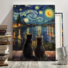 Quadro Decorativo Gatos Van Gogh Noite Estrelada Arte Para Sala Quarto Escritório Vários Tamanhos