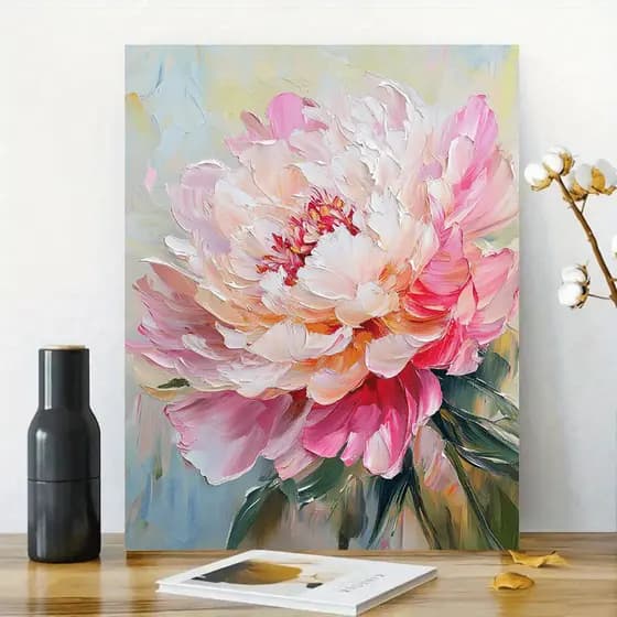 Quadro Decorativo Peônia Rosa e Branca Arte Floral Elegante