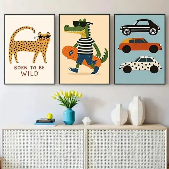 3 Quadros Divertidos – Animais com Carros, Skate e Óculos para Quarto Infantil ou Brinquedoteca