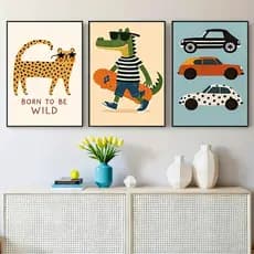 3 Quadros Divertidos – Animais com Carros, Skate e Óculos para Quarto Infantil ou Brinquedoteca