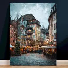 Quadro Decorativo Mercado de Natal Arte Vintage Paisagem Urbana Parede Sala Quarto Escritório Casa
