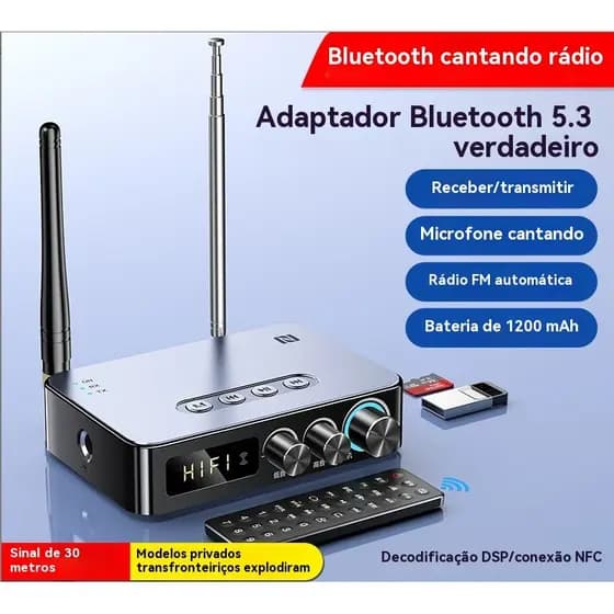 5.3 Receptor Bluetooth Transmissor Rádio FM K Cantando Adaptador de Áudio NFC Quatro em Um