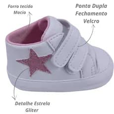 Tenis bebe menina Lindo e Confortável Com Detalhe Estrela Gliter