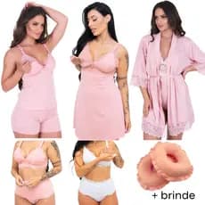 Kit Pós Parto, Short Doll e Camisola, Sutiã e Calcinha de Amamentação Robe e Protetor de Seios
