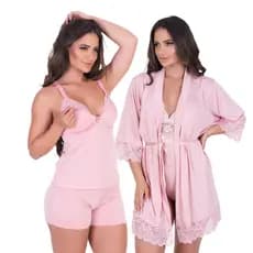 Kit Babydoll de Amamentar e Robe Feminino para Pós Parto Blusa Click Abre Fácil e Short Maternidade