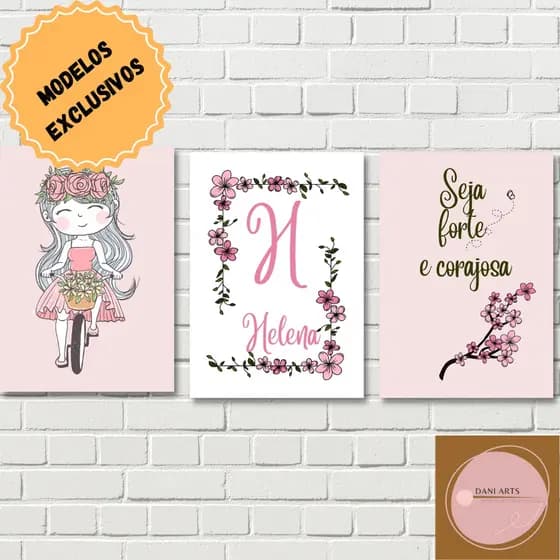 kit 3 quadros decorativos infantil  quarto menina| mdf 3 mm| quadros decorativos menina| quadro decorativo seja forte e corajosa