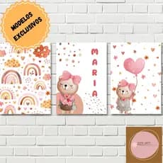 kit 3 quadros decorativos infantil  quarto menina| mdf 3 mm| quadros decorativos menina| quadro decorativo ursinha