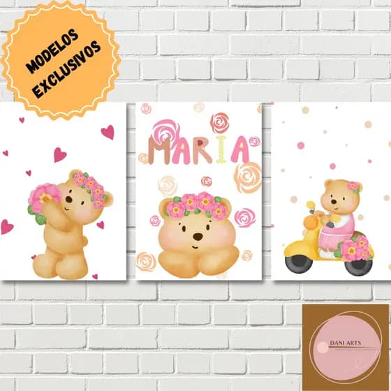 kit 3 quadros decorativos infantil  quarto menina| mdf 3 mm| quadros decorativos menina| quadro decorativo ursinha