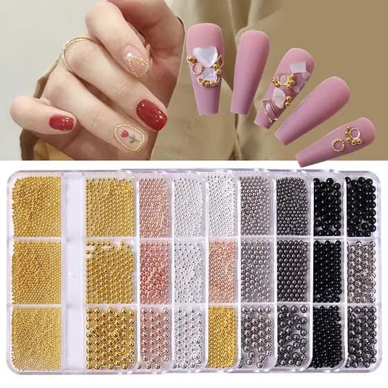 6 Grades/Caixa Arte Profissional De Unhas Mini Caviar De Aço Inoxidável Metal Rosa De Ouro E Prata Decoração 3D DIY
