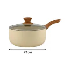 Panela com Cabo Revestimento Cerâmico Creme 22cm Tampa de Vidro e Cabo Soft Touch Efeito Madeira