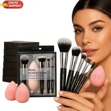 Kit Maquiagem Completo 5 Pincéis + 2 Esponjas Profissional Base Pó Contorno Utensílios de Beleza