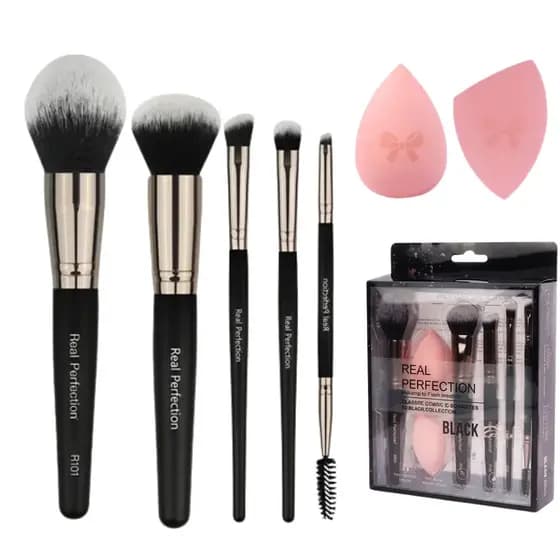 Kit Pincéis Maquiagem completo Profissionais 7 peças Cerdas Macias para Blush Pó Base Contorno Esponja