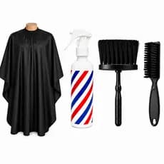 Kit Completo Barbeiro Capa Lisa de Corte Cabelo Espanador Borrifador Escova Disfarce  Profissional