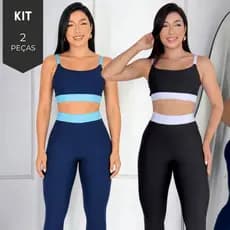 Kit 2 Conjunto Academia Feminino Fitness Bicolor Suplex Cintura Alta Top Cropped Alcinha