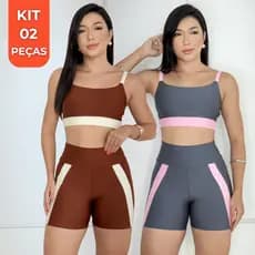 Kit 2 Conjunto Fitness Short + Top Bicolor Academia Fit Roupa Treino Crossfit Corrida