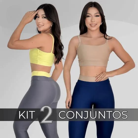 Kit 2 Conjuntos Bicolor Feminino Top e Legging Cós Duplo Fitness Academia Treino
