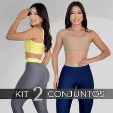 Kit 2 Conjuntos Bicolor Feminino Top e Legging Cós Duplo Fitness Academia Treino
