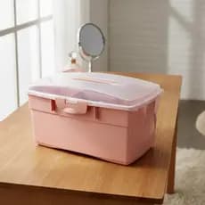 Maleta De Manicures Maquiagens Utensilios Rosa Plastica Tampa Transparente Com Trava Alça Linda
