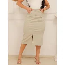 Saia Lápis Midi Jeans Sarja Com Fenda Frontal