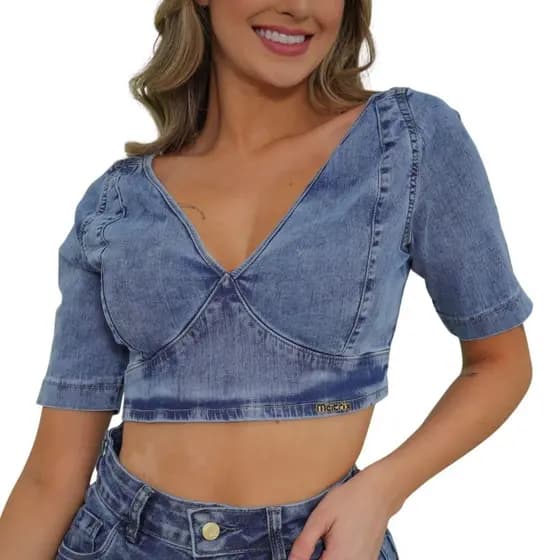 Cropped Meitrix Jeans Manga Princesa com Lycra Moda Verão