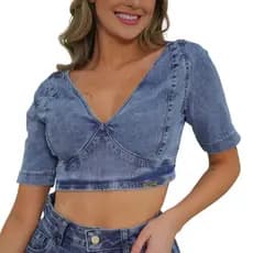 Cropped Meitrix Jeans Manga Princesa com Lycra Moda Verão