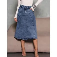 Saia Midi Jeans Evasê Rodada Sarja Modesta Culto Igreja Escritório