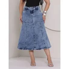 Saia Midi Jeans Evasê Rodada Moda Modesta Culto Igreja Escritório Casual