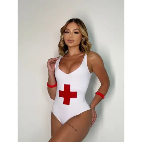 Maiô body festa fantasia para carnaval salva vidas, bombeiro, enfermeira