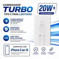 Kit Carregador 20W Compatível com iPhone USB‑C PD + Cabo Lightning USB‑C 1m — Carregador Turbo iPhone 14/13/12/11/SE