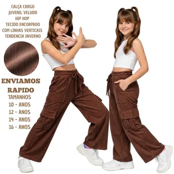Calça Cargo Veludo Juvenil Feminina Premium