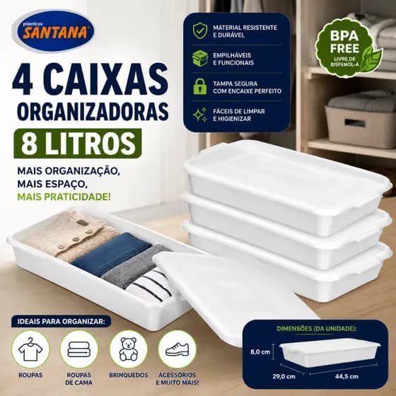Conjunto 4 Caixas Organizadoras Topa Tudo 8 Litros com Tampa Branca Armazenamento de Carne Saladas