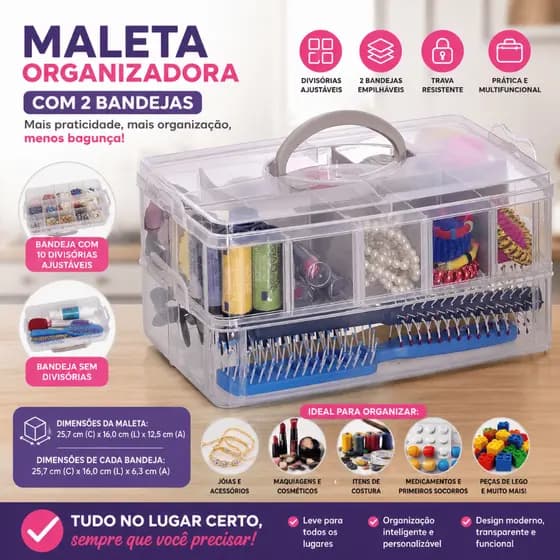 Maleta Organizadora com 2 Bandejas — uma com 10 divisórias ajustáveis e uma sem divisórias