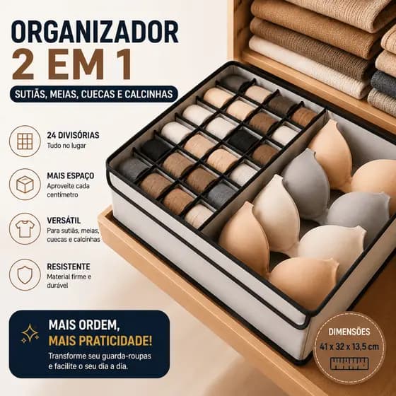 Organizador De Peças Intimas 2 Em 1 Com Tampa E Divisorias Guarda Roupas Sutiã Meias Cueca Calcinha