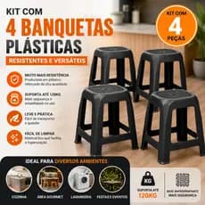 Kit Com 4 Banqueta Plástica Banco Empilhavel Resistente Casa Cozinha Lazer  Suporta Até 120Kg Adulto