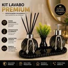 Kit Lavabo Aromatizador de Ambiente e Sabonete Líquido Com Bandeja Luxo Para Banheiro Casa - Preto