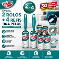 Kit Tira Pelos Rolo Adesivo 2 Unidades + 4 Refil Flash Limp Original Econômico Para Casa Roupas
