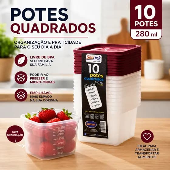 Conjunto Com 10 Potes 280 ML Pequenos Quadrados BPA Free Versátil Multiusos
