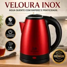 Chaleira Elétrica Inox 1,8L 127V Desligamento Automático Base 360° Vermelha Veloura Inox