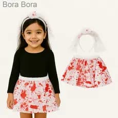 (V)Fantasia Infantil Halloween Noiva Zumbi com Tiara e Véu 🩸👰IIL0