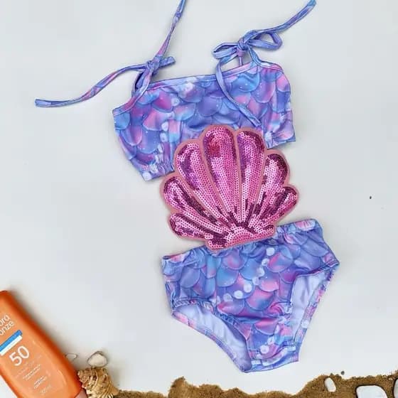 Maiô colorido impressão de concha tecido suplex moda praia infantil roupa de banho meninas