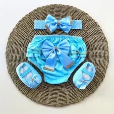 Kit 3 peças bebê menina Calcinha bunda rica + Tiara faixa de cabelo + Sapatinhos 0 a 7 meses, Ensaio newborn