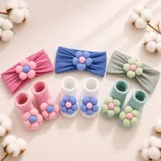 Kit Faixa de Cabelo e Meia Bebê Menina 3D Flor Antiderrapante Macia Elástica Recém-Nascida 0 a 1 Ano confortável