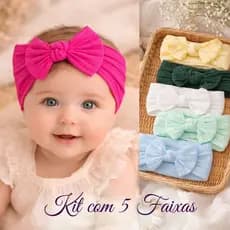 Kit 5 Faixas de Cabelo Bebê RN Tiara Turbante Laço | 0 a 4 Anos Macias Elásticas Antialérgicas