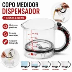 Copo Medidor Ajustável 4 em 1 de Acrílico Graduado Dosador Receita para Cozinha Copo de Medição C/ Raspador e Base 250ML