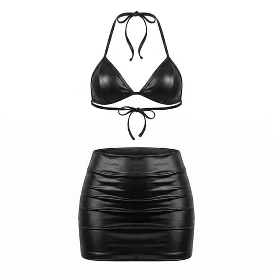 Kit Conjunto Mini Saia e Top Biquíni Cirrê Vinil Sintético Puro Charme
