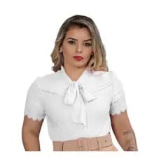 Blusa Camisa Branca Manga Curta Renda Social Moda Evangelica Laço Gravata Gravatinha Romantica Natal Natalina Ano Novo