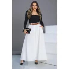 Saia Tecido de Alfaiataria Branco off White Longa com Cinto Marrom Viscose lisa Ano Novo Godê Evasê Rodada Transpassada social 3 marias moda evangélica Elegante Congresso Igreja