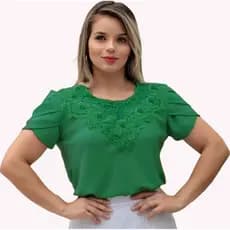 Blusa Camisa Verde Bandeira Detalhes em Pérolas Pedrinha Manga Curta Renda Social Moda Evangélica Romântica Social Bordada para Congresso Igreja Fardamento