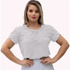 Blusa Camisa Branco Detalhes em Pérolas Pedrinha Manga Curta Renda Social Moda Evangélica Romântica Social Bordada para Congresso Igreja Fardamento